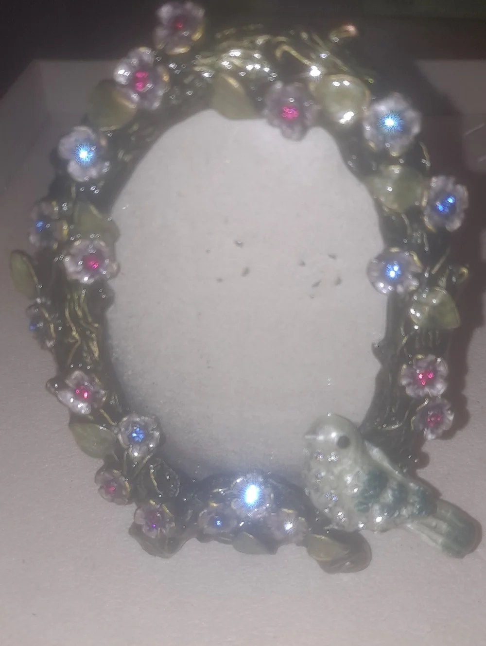 Floral Jeweled Oval Picture Frame with Ceramic Bird